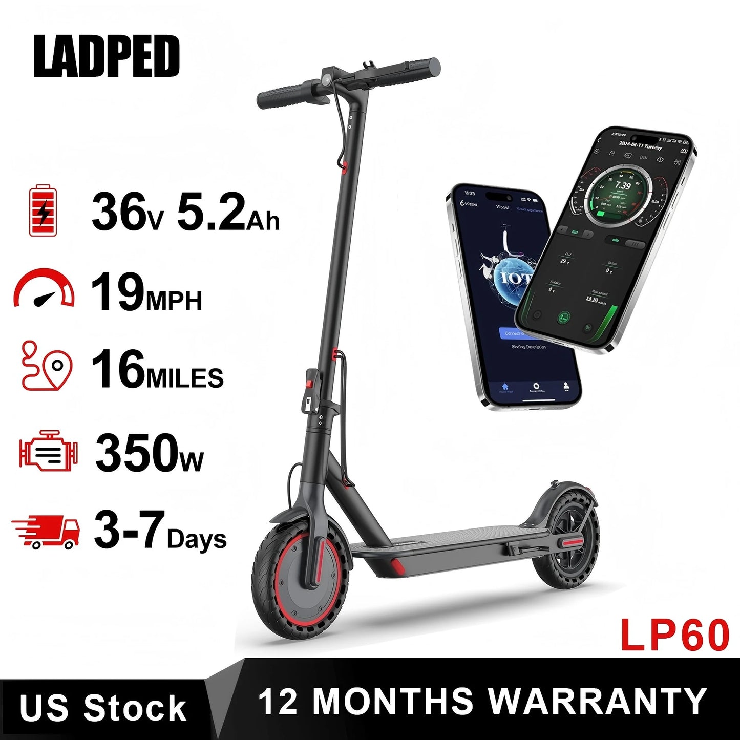 LADPED LP60 Electric Scooter 350W 19mph Max Speed 8.5inch tire Folding Electric Scooter 16miles Max Range for Adult