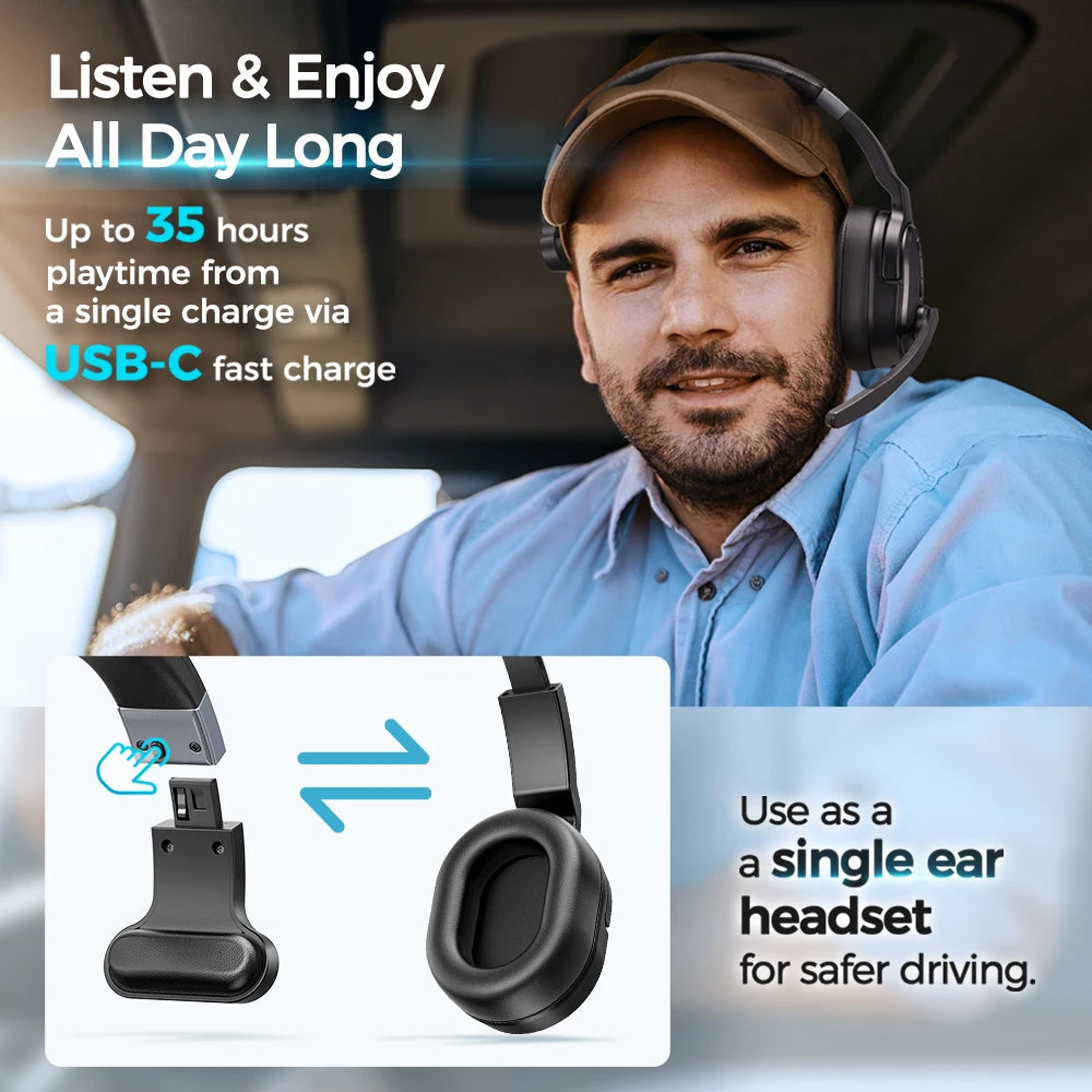 2 in 1 Wireless Headphones Bluetooth 5.3 Dual/Single Office Headset with Microphone&Mute Switch 35H for Trucker Driver