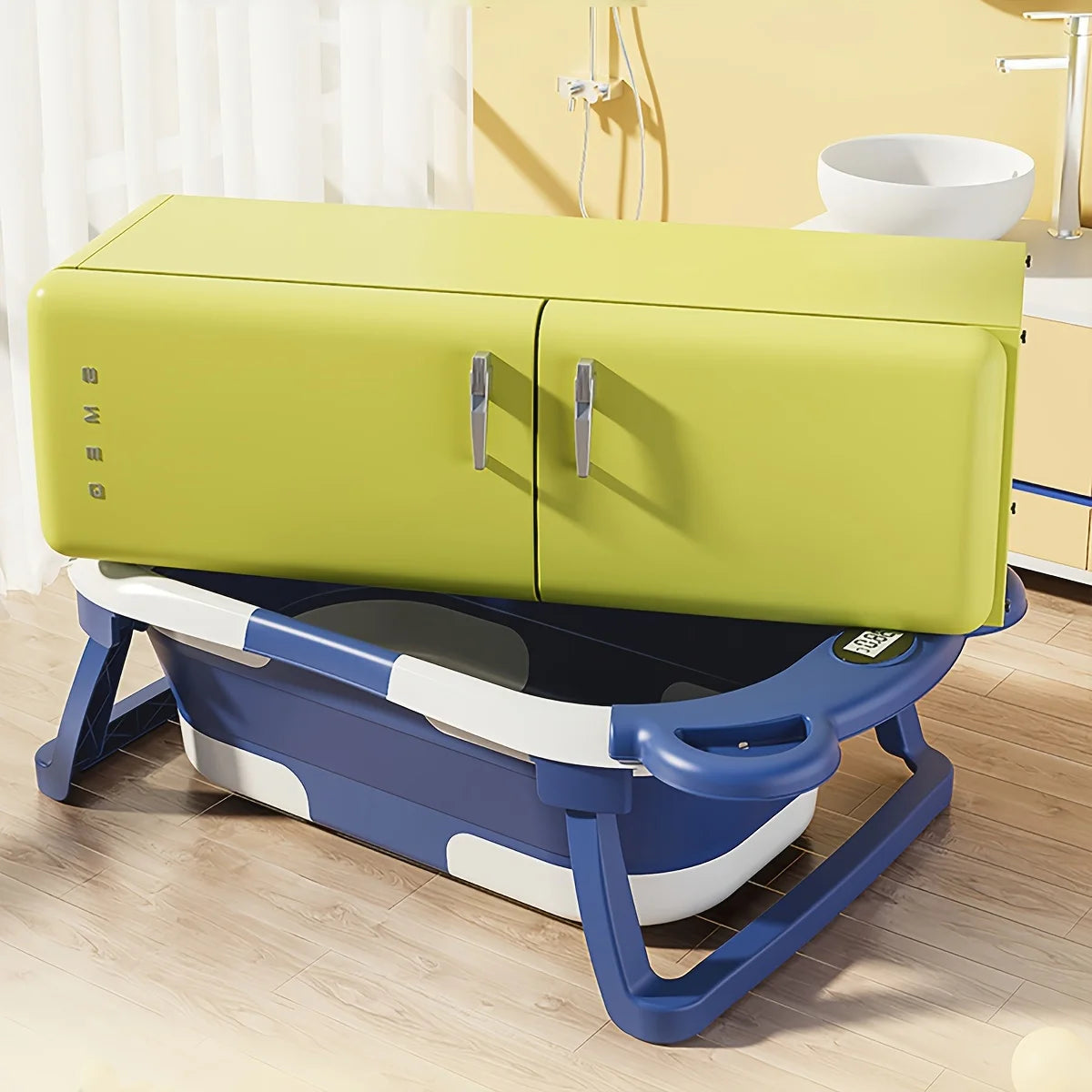 Portable Travel Bathtub, Collapsible Baby Bathtub, with Thermometer & 1 Soft Floating Cushion, with Drain Hole,For Baby 0-36 Month