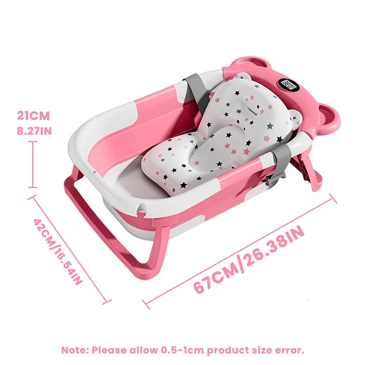 Portable Travel Bathtub, Collapsible Baby Bathtub, with Thermometer & 1 Soft Floating Cushion, with Drain Hole,For Baby 0-36 Month