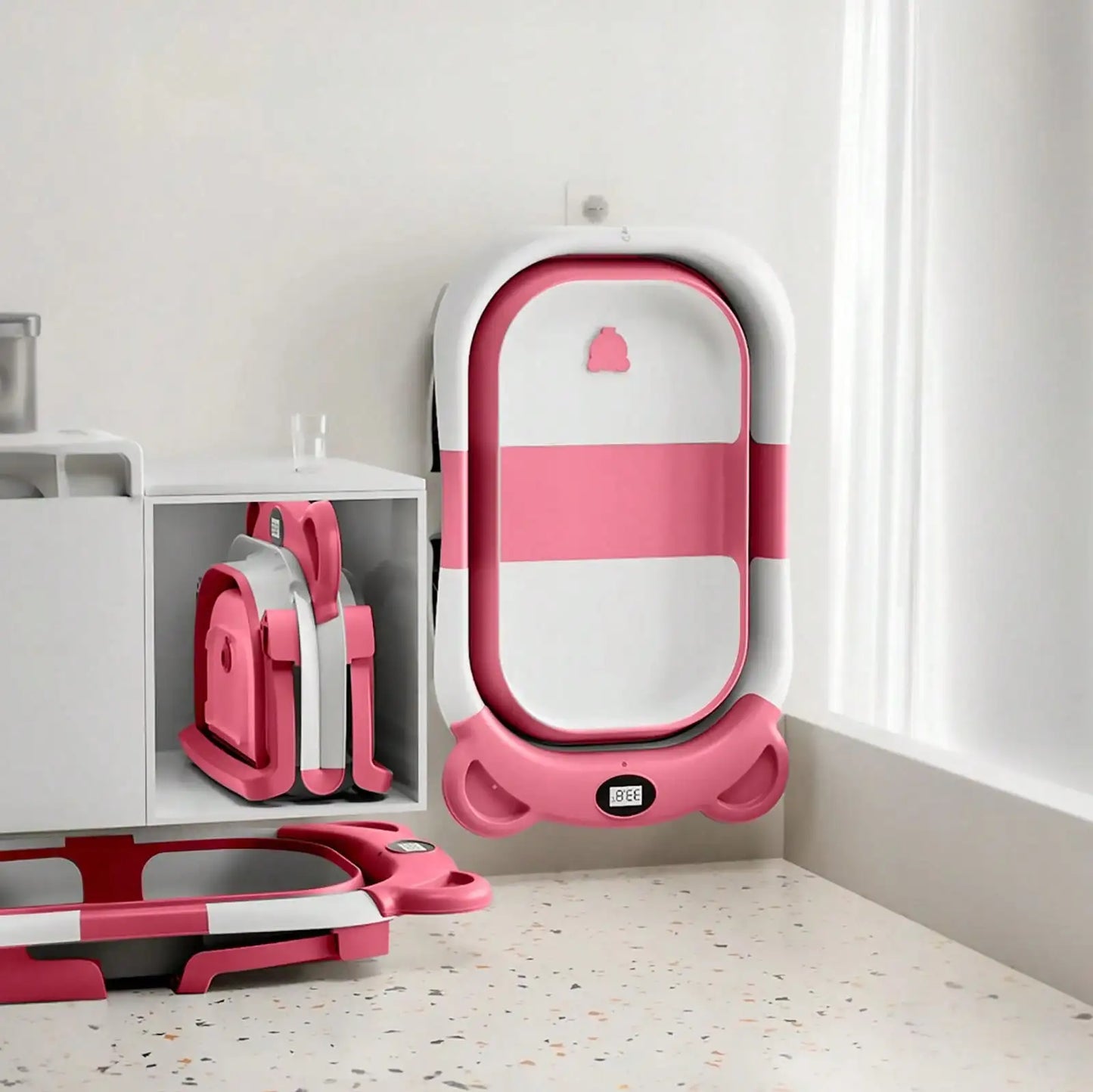 Portable Travel Bathtub, Collapsible Baby Bathtub, with Thermometer & 1 Soft Floating Cushion, with Drain Hole,For Baby 0-36 Month