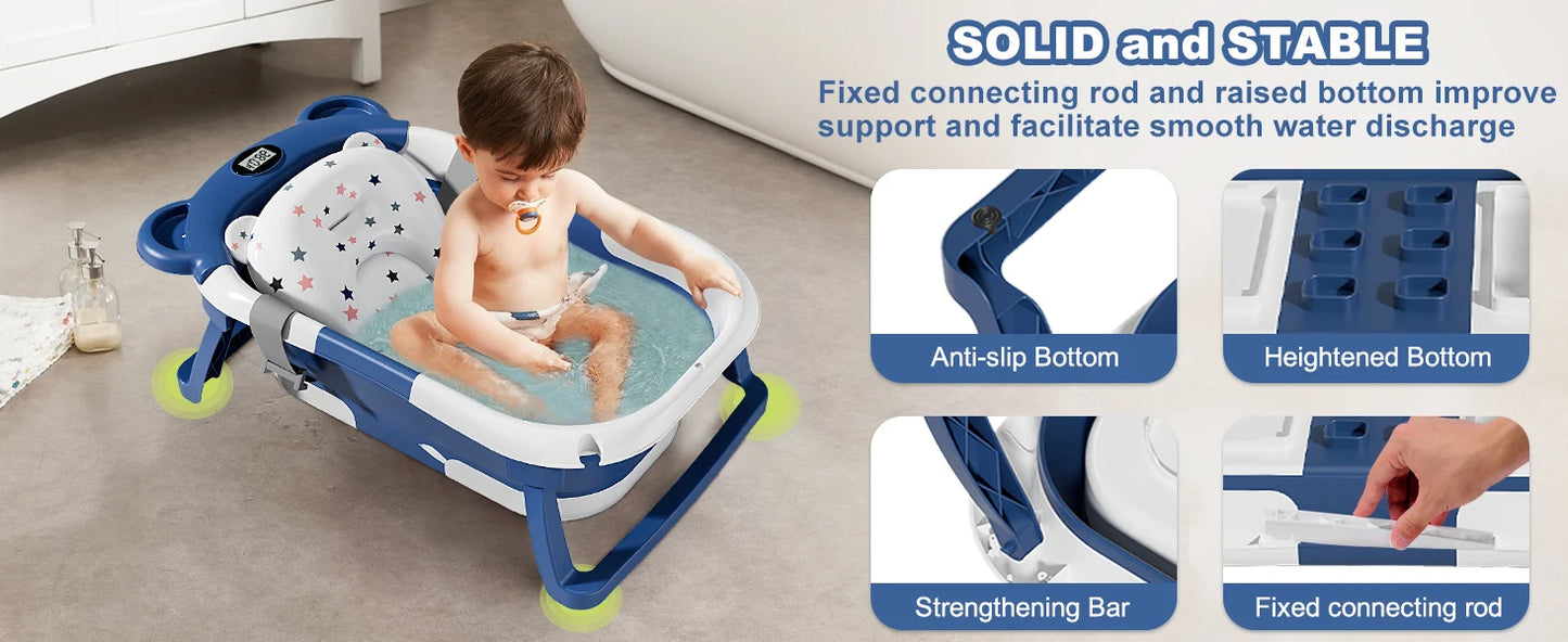 Portable Travel Bathtub, Collapsible Baby Bathtub, with Thermometer & 1 Soft Floating Cushion, with Drain Hole,For Baby 0-36 Month