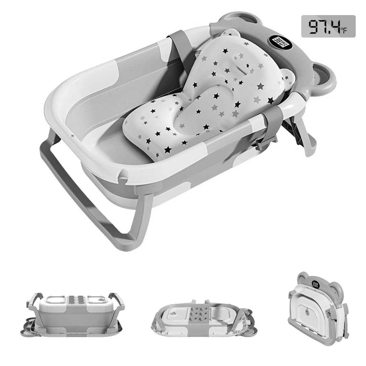 Portable Travel Bathtub, Collapsible Baby Bathtub, with Thermometer & 1 Soft Floating Cushion, with Drain Hole,For Baby 0-36 Month