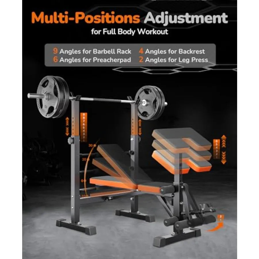 700LBS 6-in-1 Foldable Weight Bench Set - Adjustable Workout Bench with Bench Press Rack, Preacher Curl, Leg Developer & Squat R