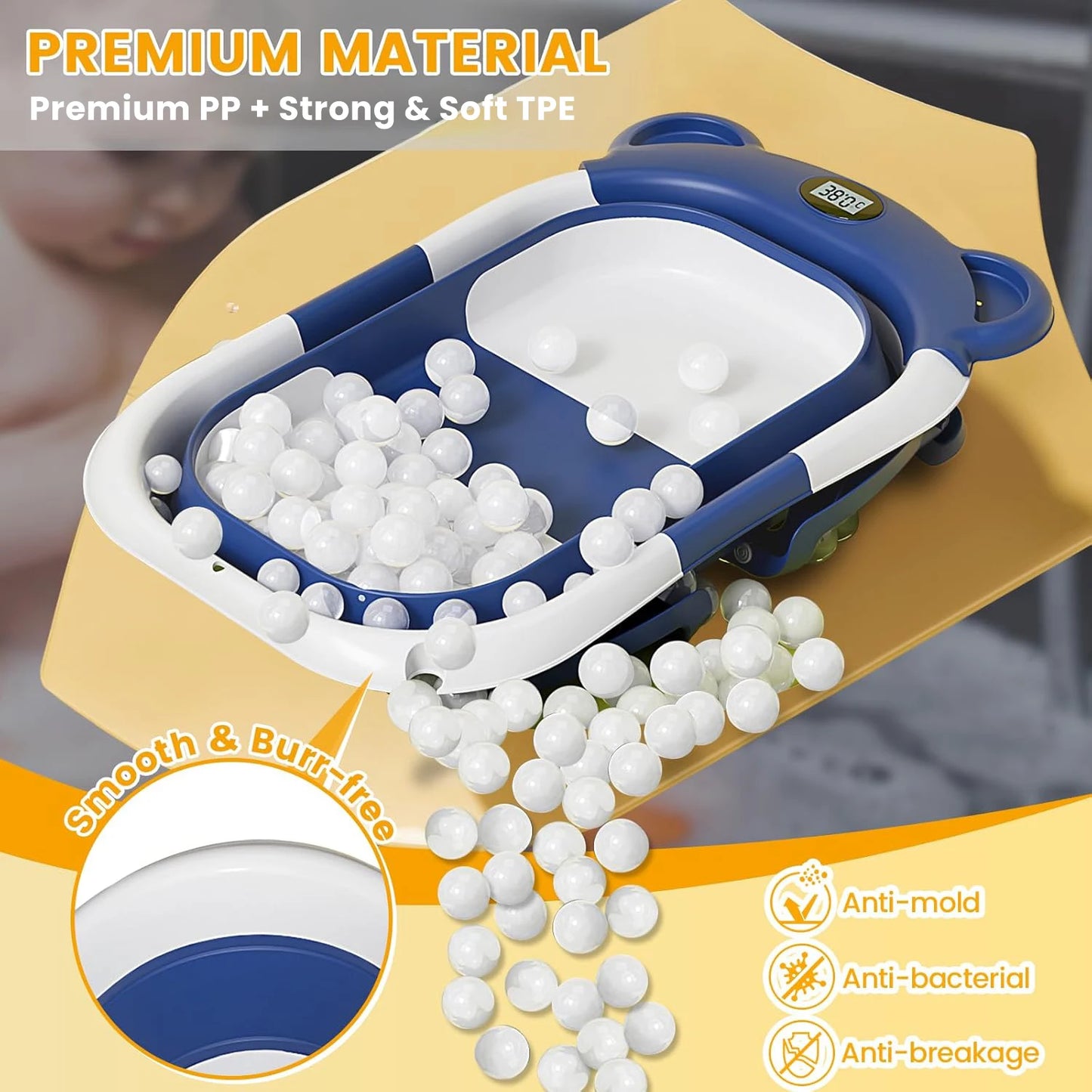 Portable Travel Bathtub, Collapsible Baby Bathtub, with Thermometer & 1 Soft Floating Cushion, with Drain Hole,For Baby 0-36 Month