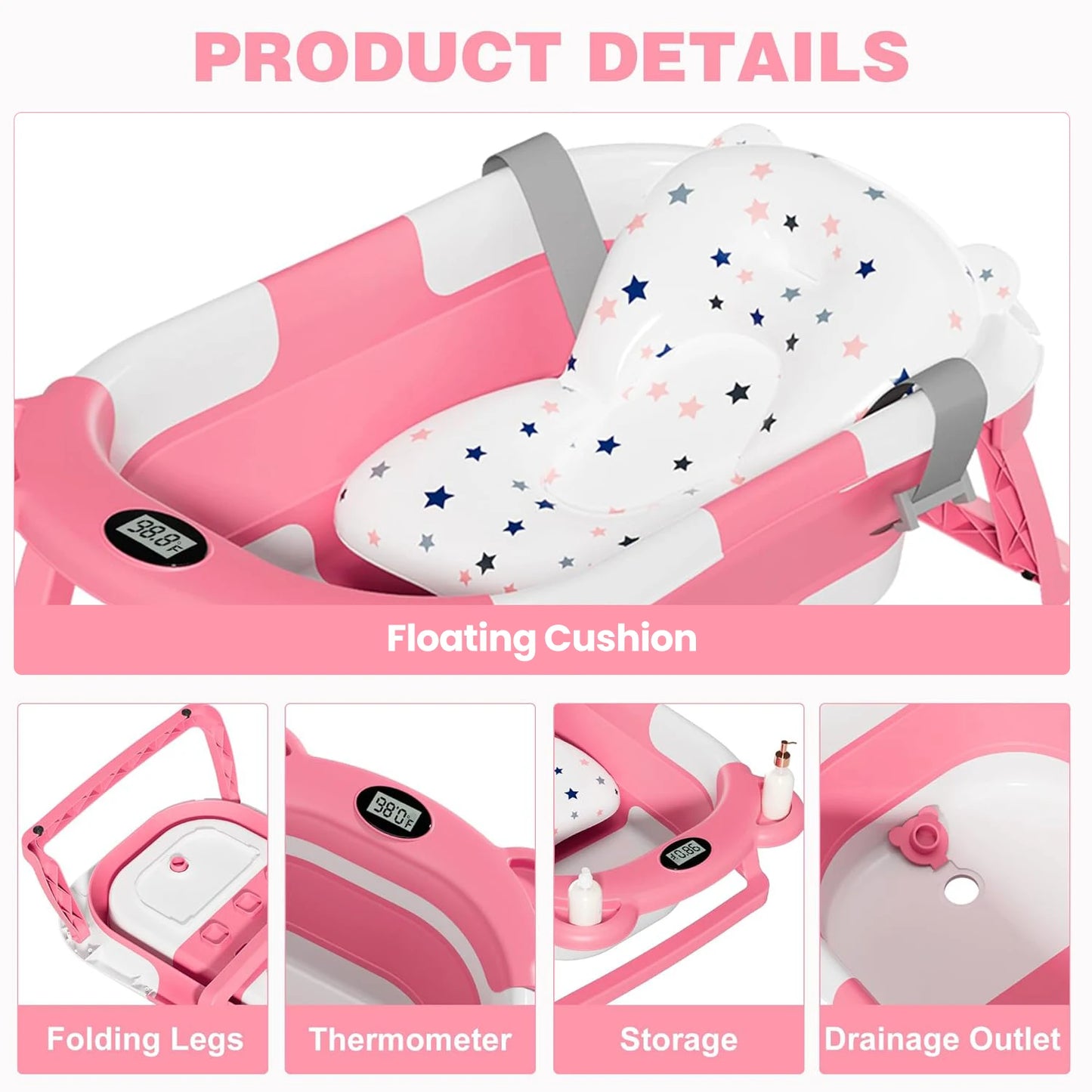 Portable Travel Bathtub, Collapsible Baby Bathtub, with Thermometer & 1 Soft Floating Cushion, with Drain Hole,For Baby 0-36 Month