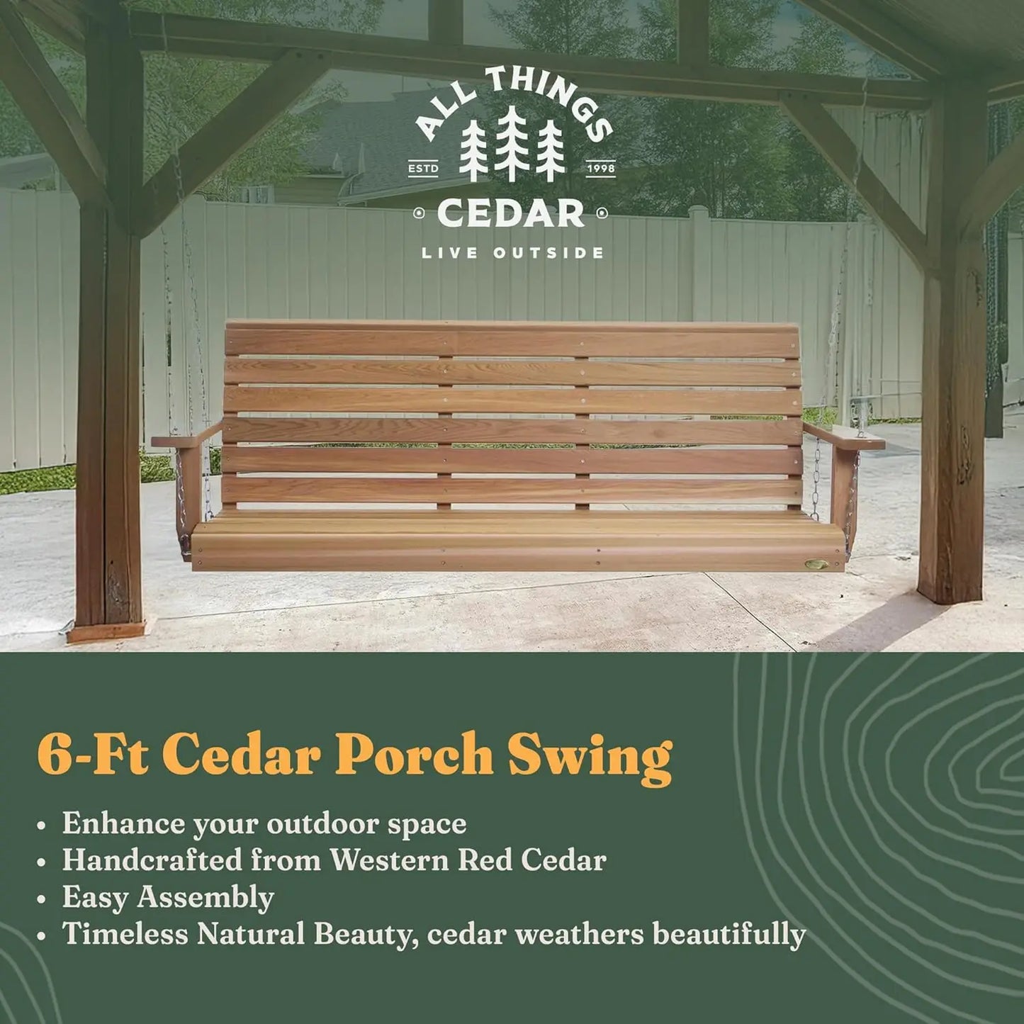 6ft Natural Wood Porch Swing Outdoor Patio Furniture, Customized