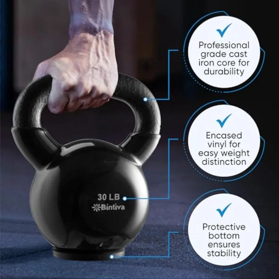 Professional Grade Kettlebell Sets for Home Workout - Cast Iron Kettlebells in Black with Protective Bottom for Men Women Stren
