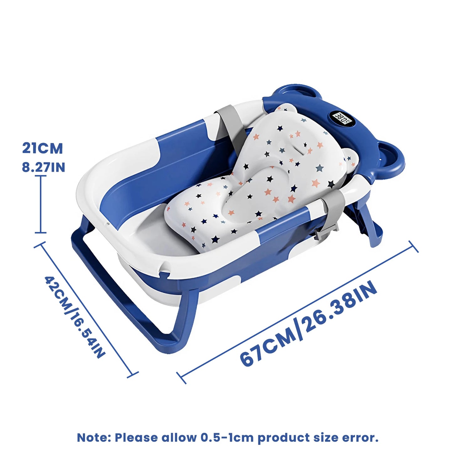 Portable Travel Bathtub, Collapsible Baby Bathtub, with Thermometer & 1 Soft Floating Cushion, with Drain Hole,For Baby 0-36 Month
