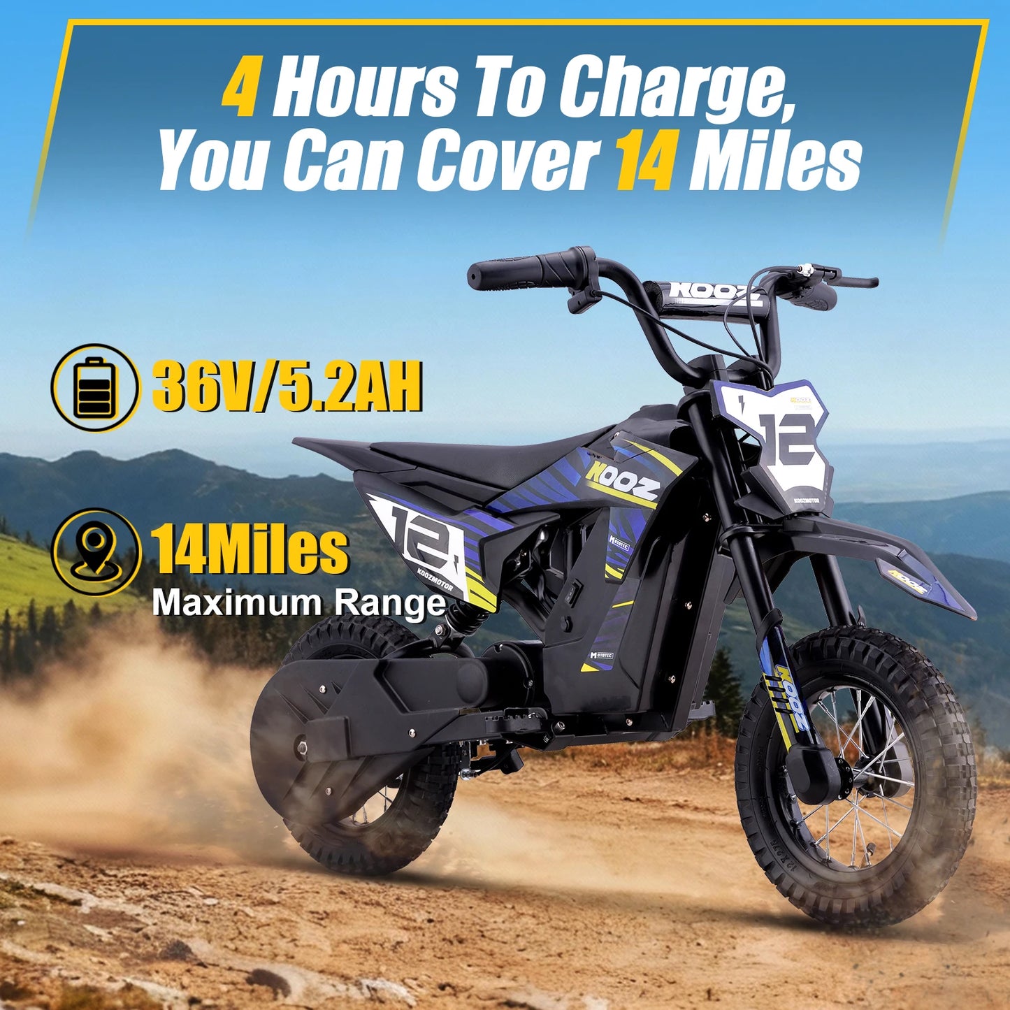 HP122E 36V 300W Electric Dirt Bike  for Kids, 3 Speed Modes, Electric Motorcycle Up to 15.5 MPH & 14 Miles Long-Range.