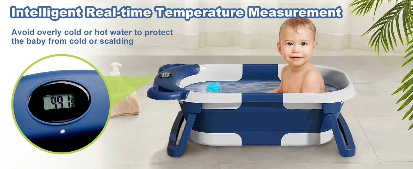 Portable Travel Bathtub, Collapsible Baby Bathtub, with Thermometer & 1 Soft Floating Cushion, with Drain Hole,For Baby 0-36 Month