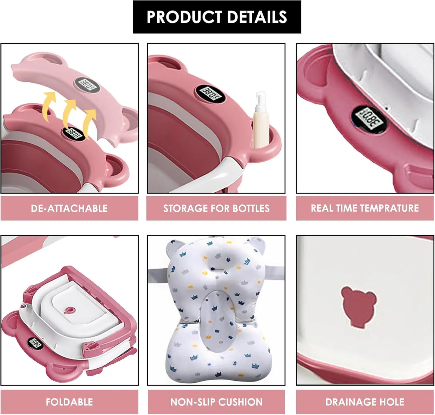 Portable Travel Bathtub, Collapsible Baby Bathtub, with Thermometer & 1 Soft Floating Cushion, with Drain Hole,For Baby 0-36 Month