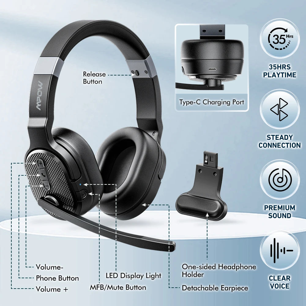 2 in 1 Wireless Headphones Bluetooth 5.3 Dual/Single Office Headset with Microphone&Mute Switch 35H for Trucker Driver