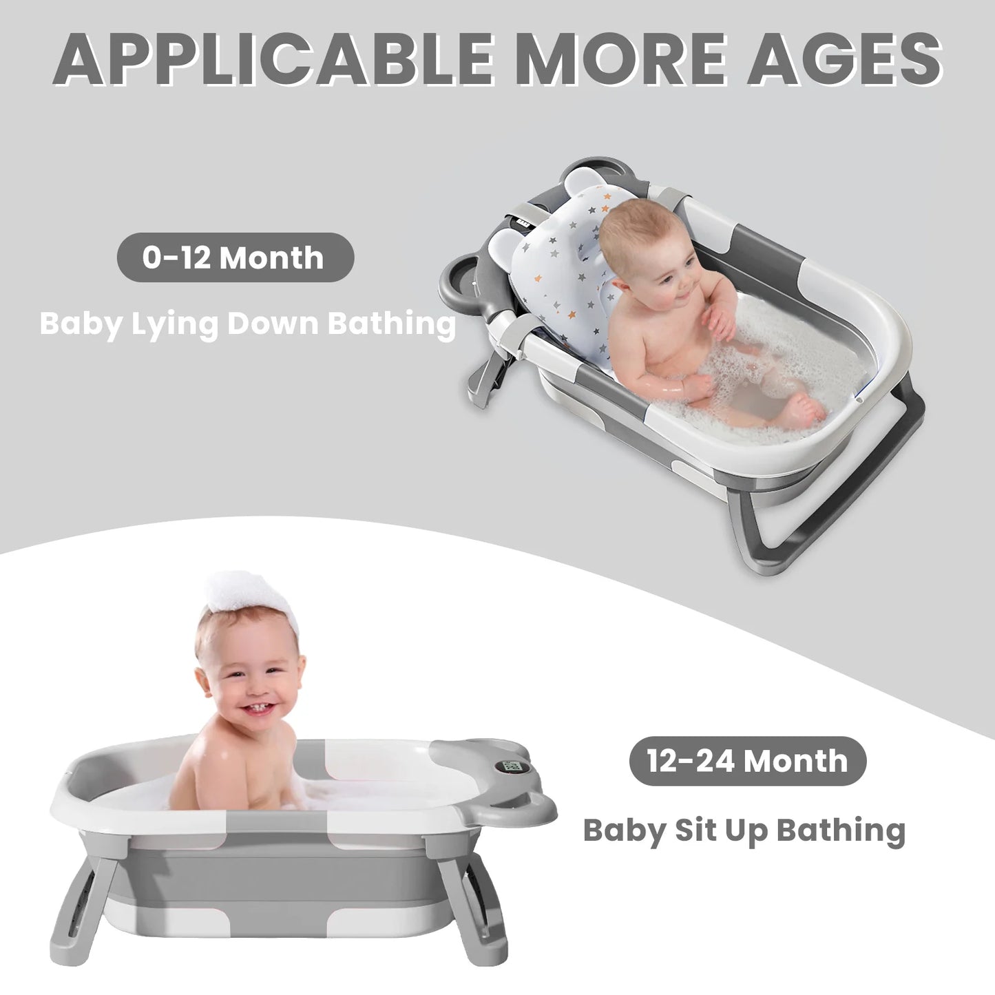Portable Travel Bathtub, Collapsible Baby Bathtub, with Thermometer & 1 Soft Floating Cushion, with Drain Hole,For Baby 0-36 Month