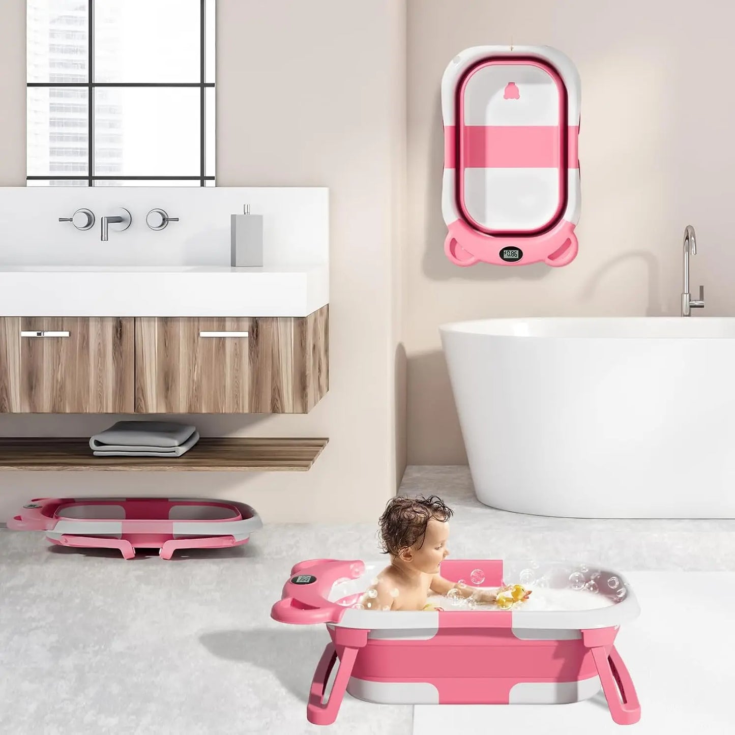Portable Travel Bathtub, Collapsible Baby Bathtub, with Thermometer & 1 Soft Floating Cushion, with Drain Hole,For Baby 0-36 Month