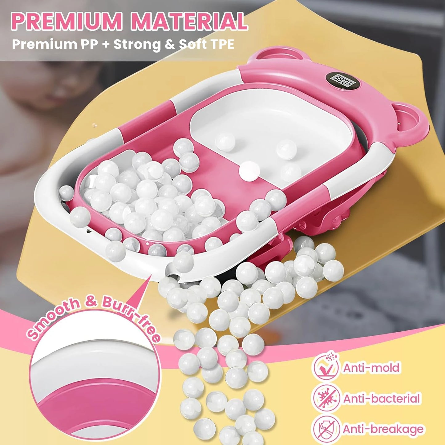 Portable Travel Bathtub, Collapsible Baby Bathtub, with Thermometer & 1 Soft Floating Cushion, with Drain Hole,For Baby 0-36 Month